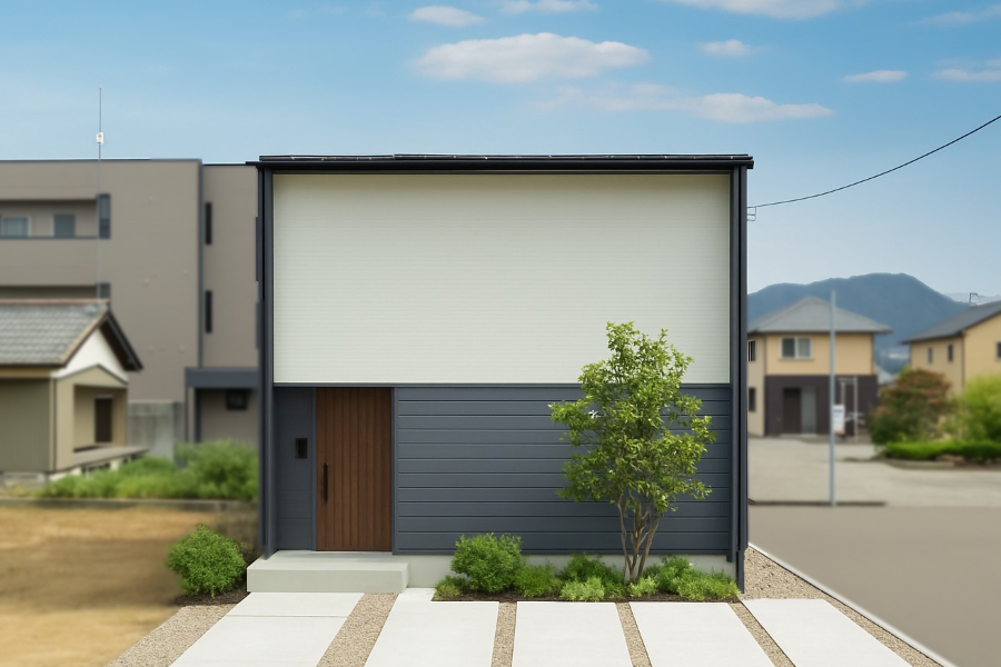 白×グレーの軒ゼロ住宅